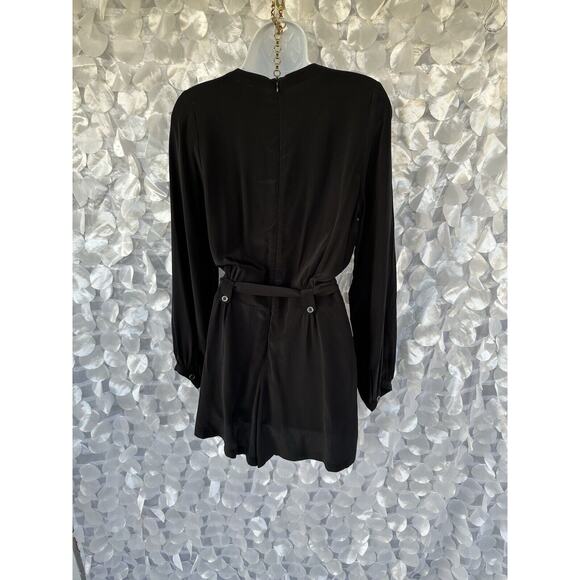 Yumi Kim 100% Silk Small Black Long Sleeve Romper V Neck Belted Low Cut - Picture 8 of 12